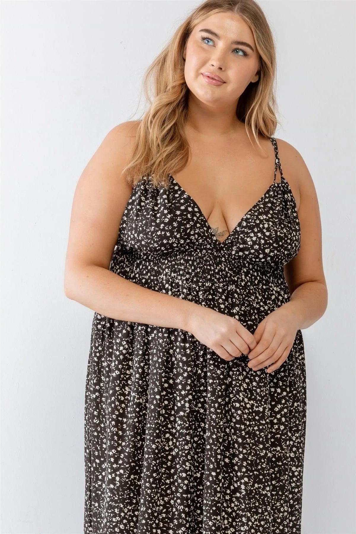Junior Plus Black Floral Smocked Waist Sleeveless Midi Dress /1-2-2 - Tasha Apparel Wholesale