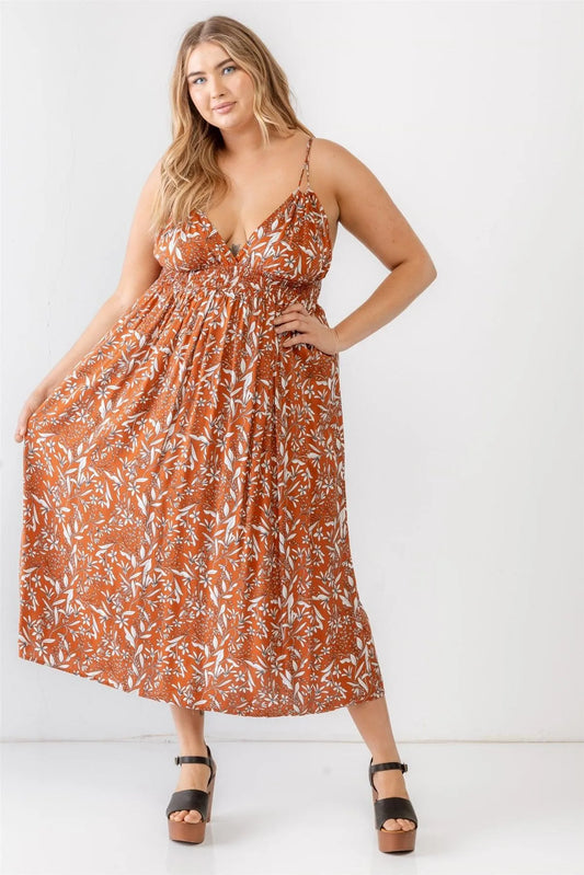 Junior Plus Terracotta Floral Smocked Waist Sleeveless Midi Dress /1-1-1 - Tasha Apparel Wholesale