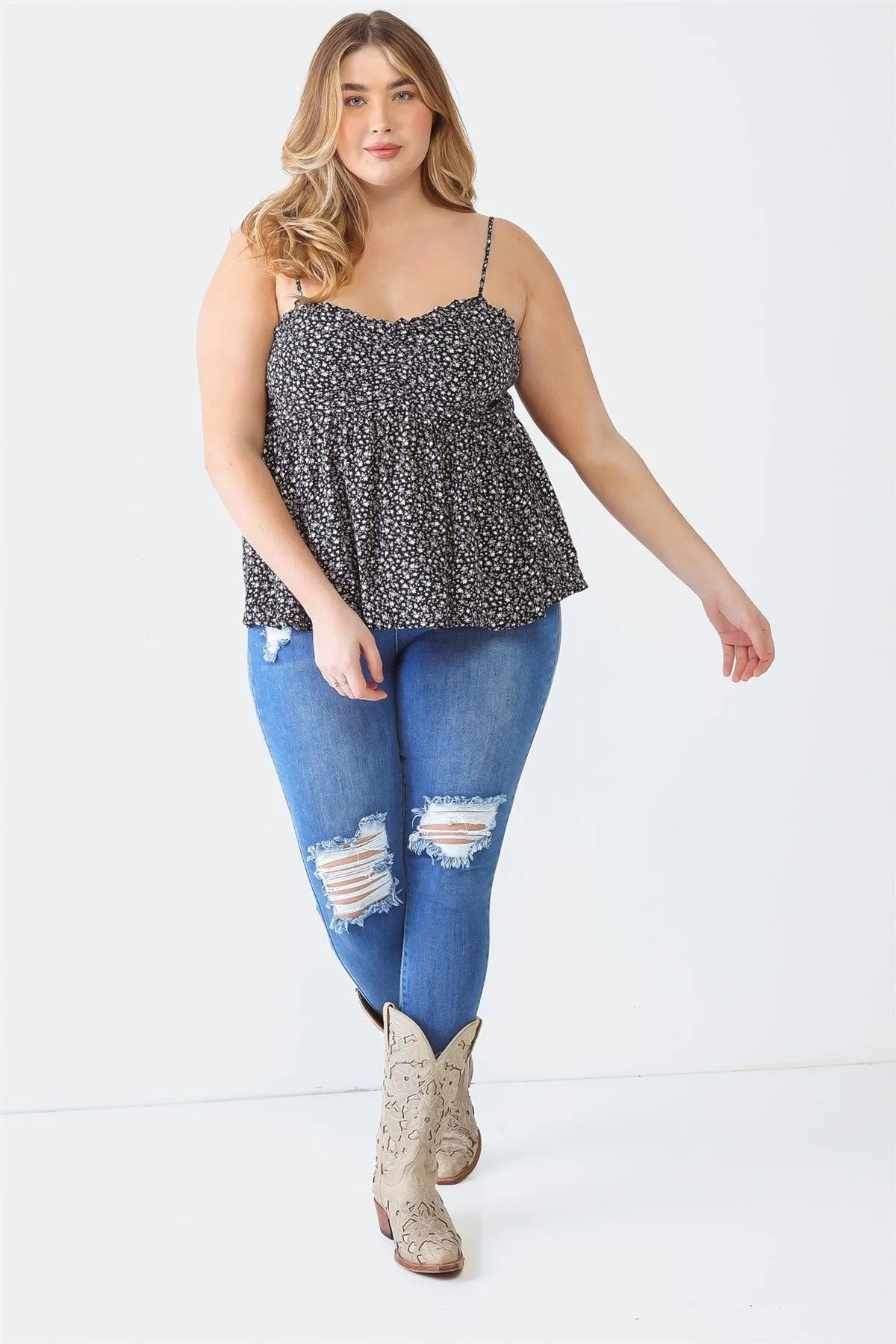 Plus Size Floral Strappy Ruched Smoked Back Top - Tasha Apparel Wholesale