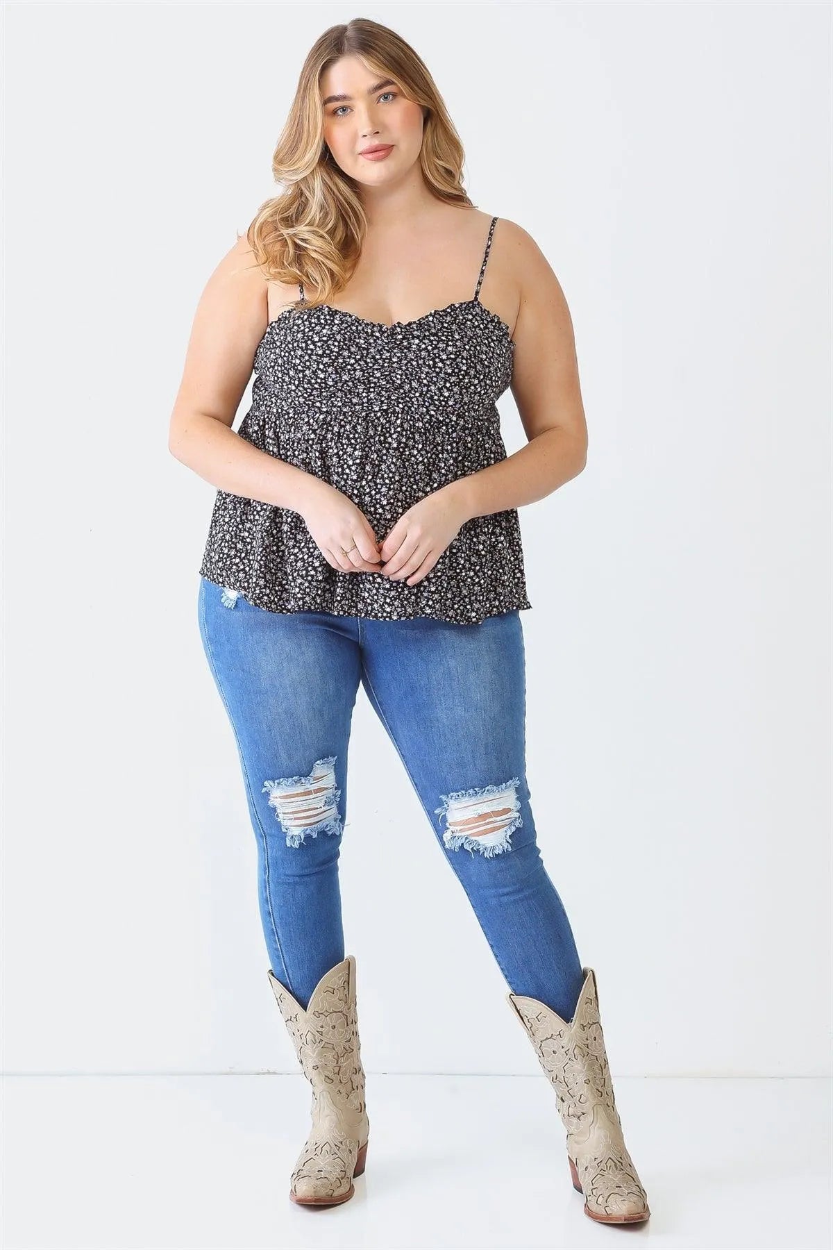 Plus Size Floral Strappy Ruched Smoked Back Top - Tasha Apparel Wholesale