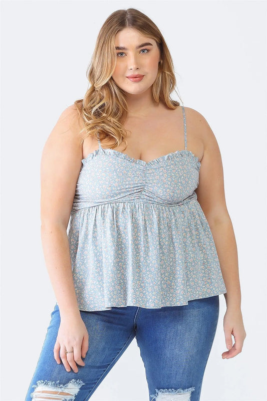 Plus Size Blue Floral Sleeveless Ruched Smoked Back Top - Tasha Apparel Wholesale