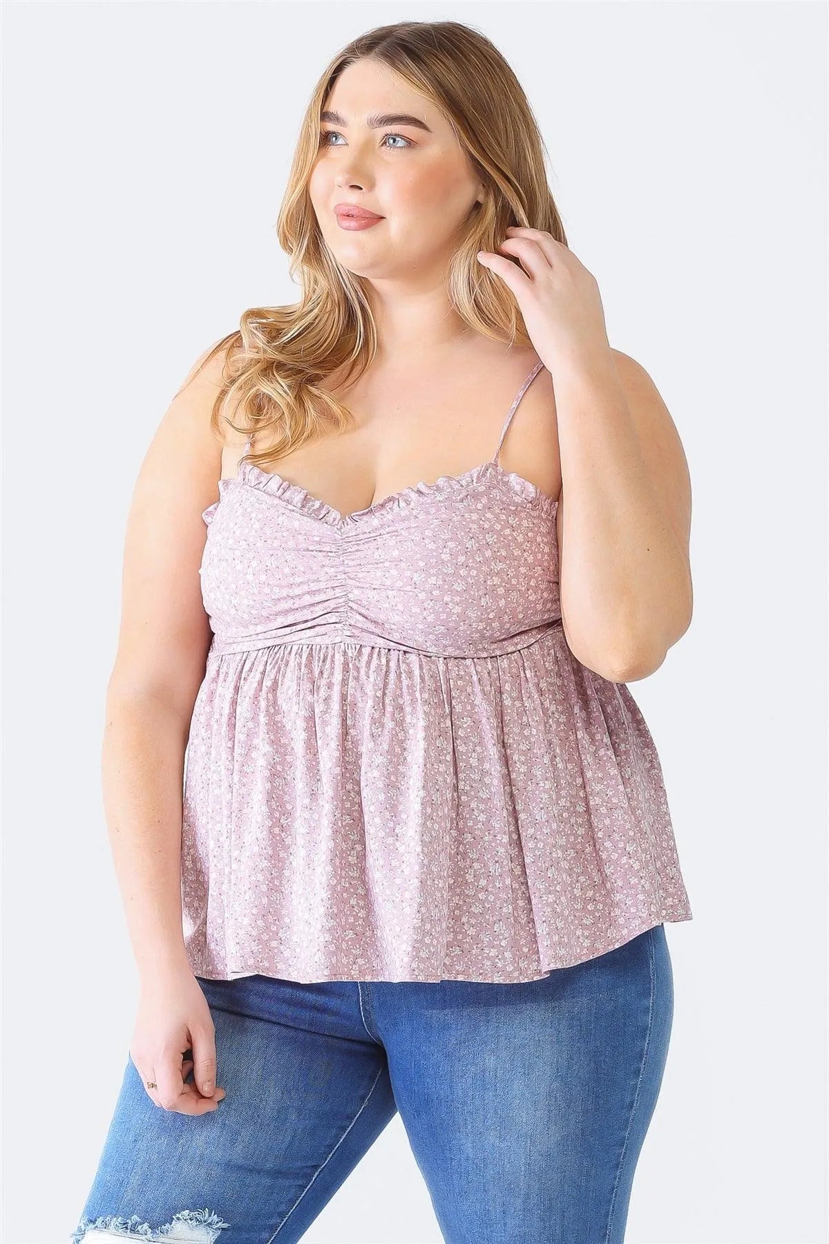 Plus Size Floral Sleeveless Ruched Smoked Back Top - Tasha Apparel Wholesale
