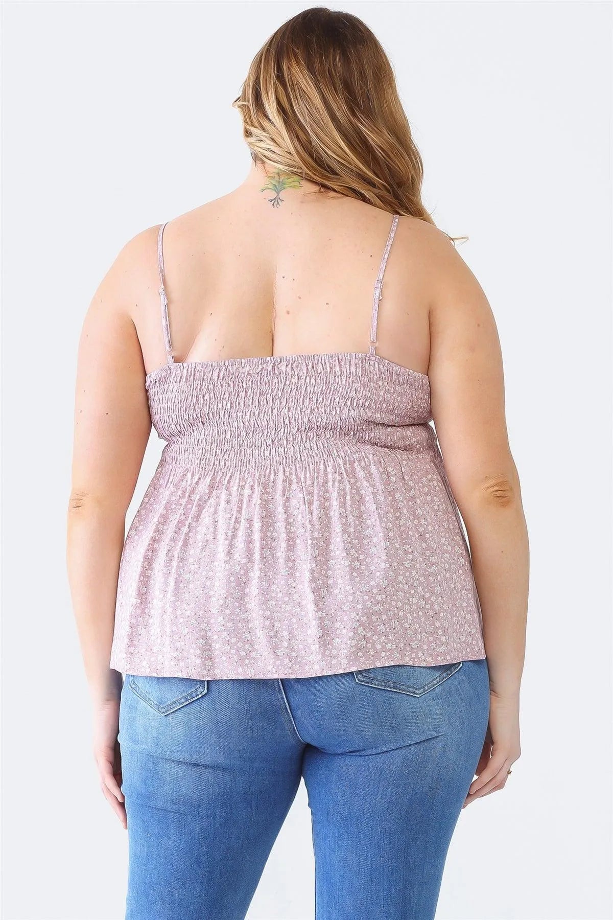 Plus Size Floral Sleeveless Ruched Smoked Back Top - Tasha Apparel Wholesale
