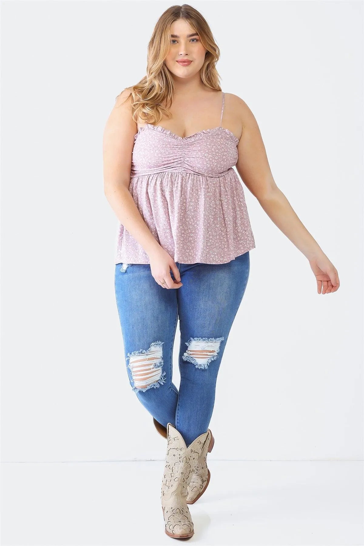 Plus Size Floral Sleeveless Ruched Smoked Back Top - Tasha Apparel Wholesale