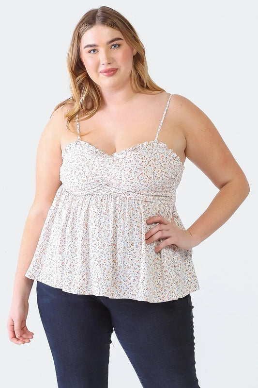 Plus Size Floral Sleeveless Ruched Smoked Back Top - Tasha Apparel Wholesale
