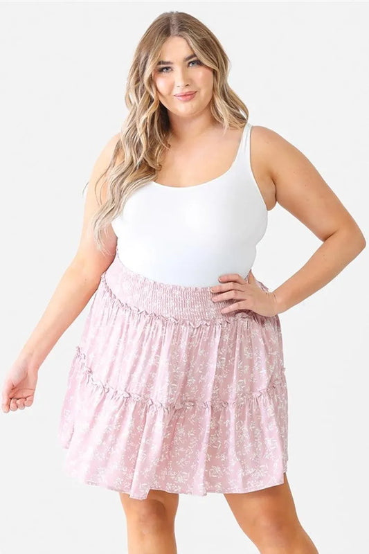 Plus Size Mauve Floral Smoked High Waist Mini Skirt - Tasha Apparel Wholesale