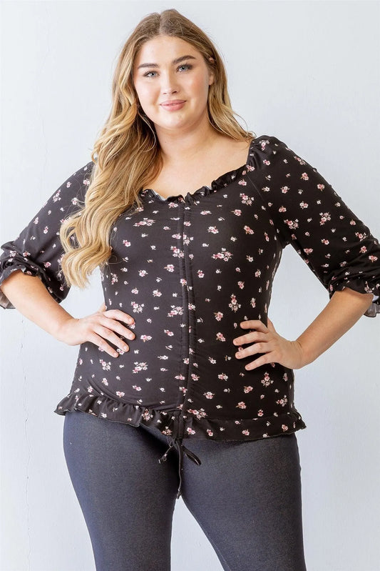 Junior Plus Black Floral Print Ruched Ruffle Detail Smocked Back Top /1-1-1 - Tasha Apparel Wholesale