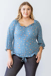 Junior Plus Blue Floral Print Ruched Ruffle Detail Smocked Back Top /1-2 - Tasha Apparel Wholesale