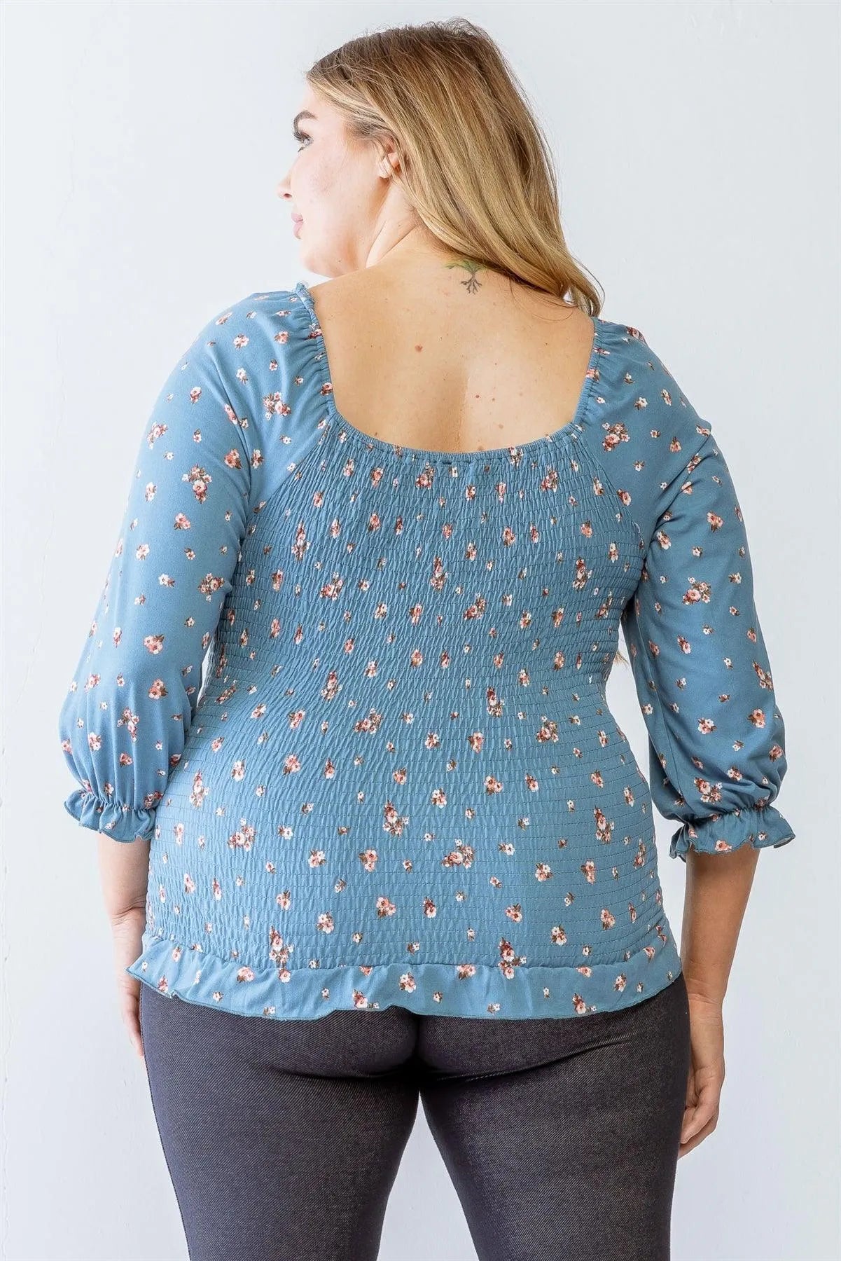 Junior Plus Blue Floral Print Ruched Ruffle Detail Smocked Back Top /1-2 - Tasha Apparel Wholesale