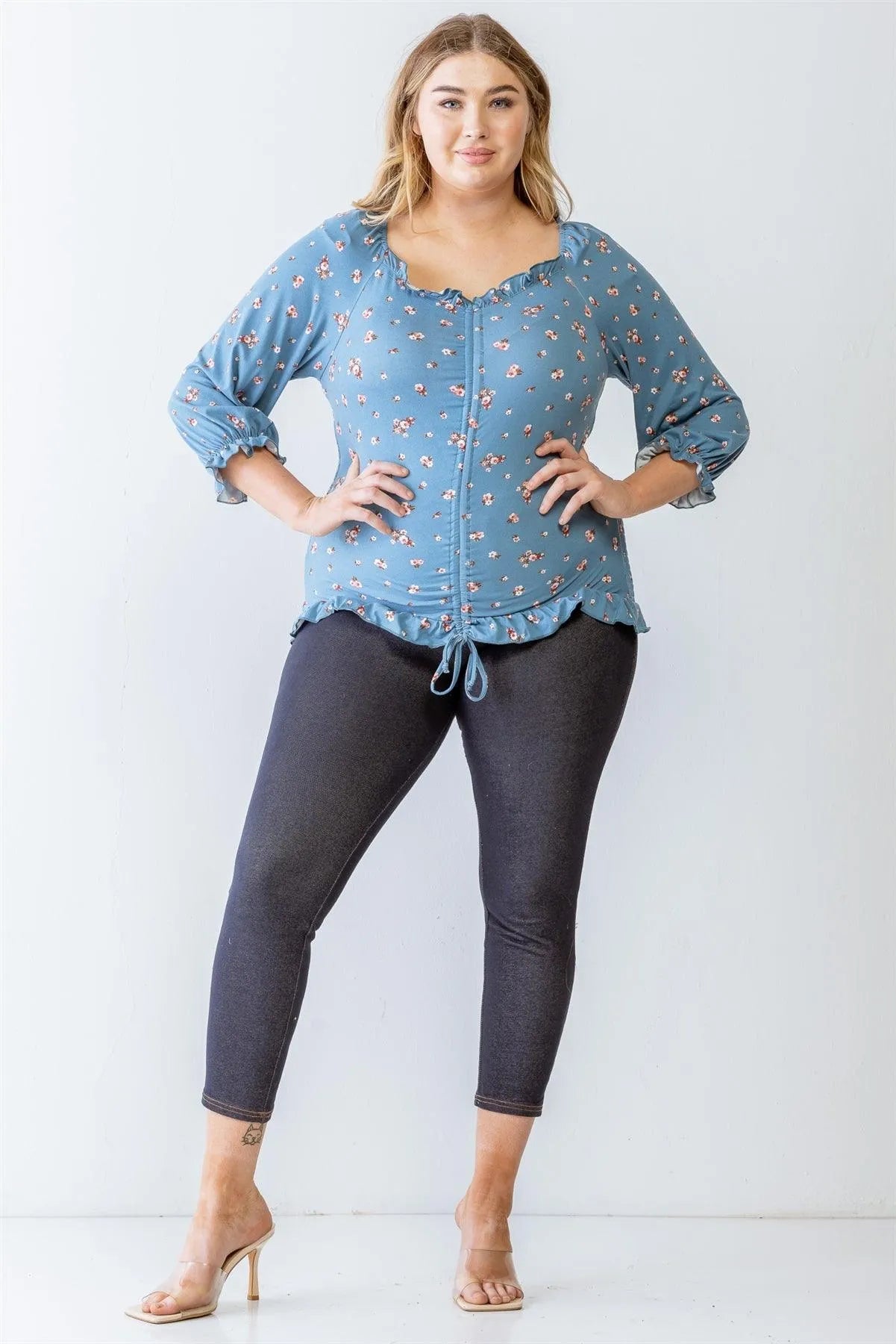 Junior Plus Blue Floral Print Ruched Ruffle Detail Smocked Back Top /1-2 - Tasha Apparel Wholesale