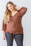 Junior Plus Brown Floral Print Ruched Ruffle Detail Smocked Back Top /2-1 - Tasha Apparel Wholesale