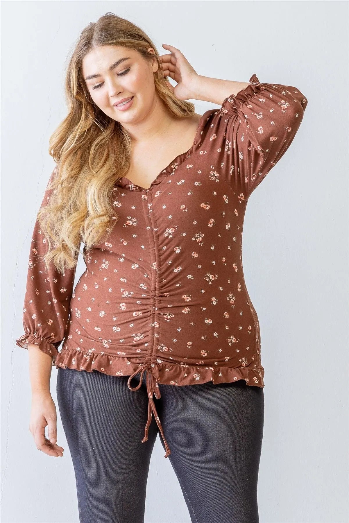 Junior Plus Brown Floral Print Ruched Ruffle Detail Smocked Back Top /2-1 - Tasha Apparel Wholesale