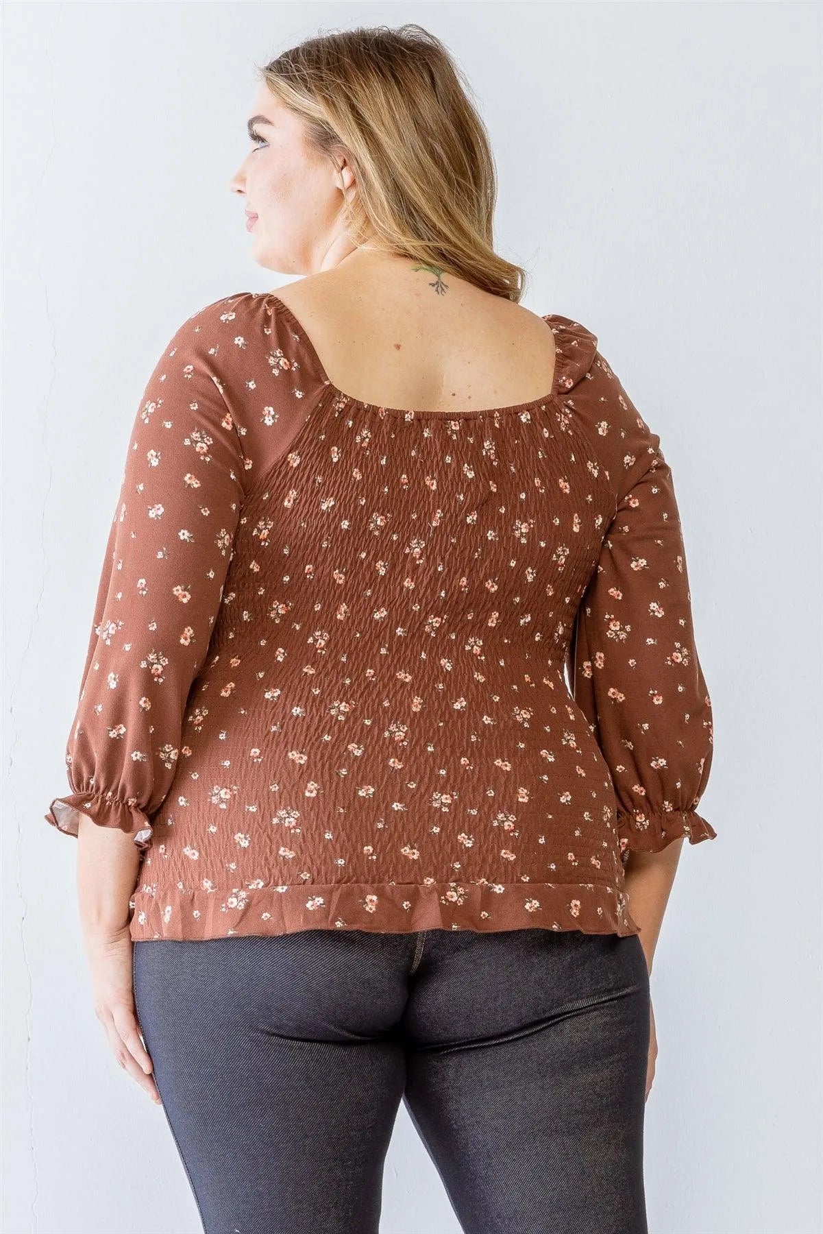 Junior Plus Brown Floral Print Ruched Ruffle Detail Smocked Back Top /2-1 - Tasha Apparel Wholesale