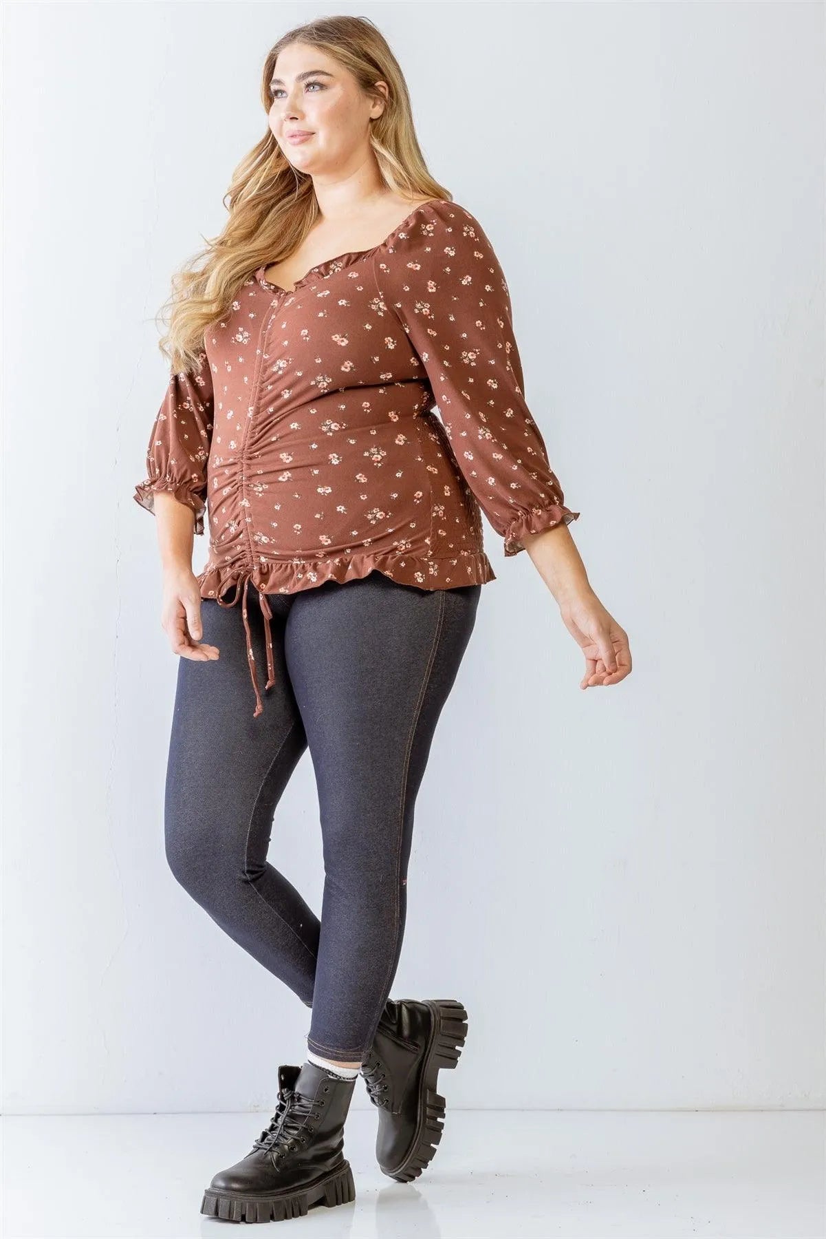 Junior Plus Brown Floral Print Ruched Ruffle Detail Smocked Back Top /2-1 - Tasha Apparel Wholesale