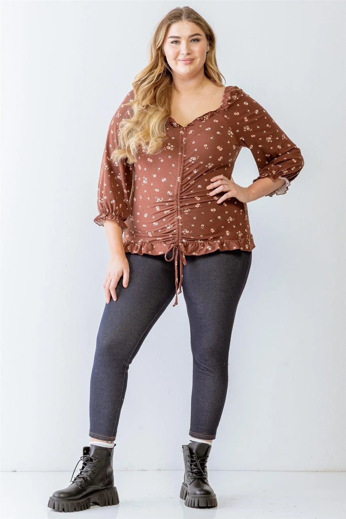 Junior Plus Brown Floral Print Ruched Ruffle Detail Smocked Back Top /2-1 - Tasha Apparel Wholesale