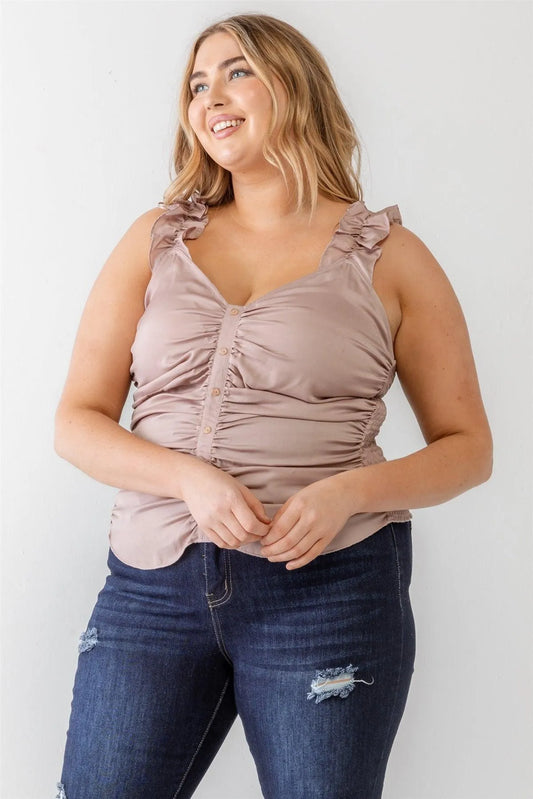 Junior Plus Champagne Ruched Button-Up Ruffle Strap Smocked Back Tank Top /2-1-1 - Tasha Apparel Wholesale