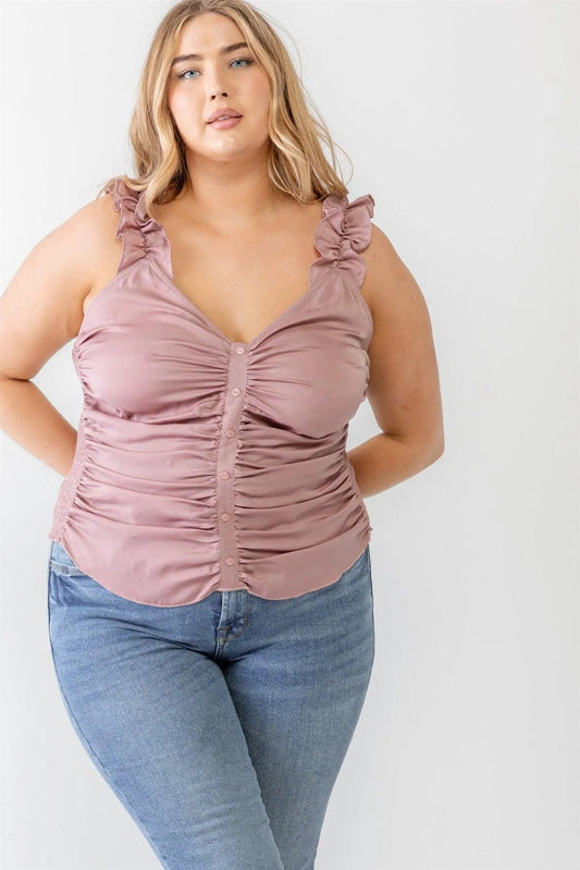 Junior Plus Mauve Ruched Button-Up Ruffle Strap Smocked Back Tank Top /2-1-1 - Tasha Apparel Wholesale