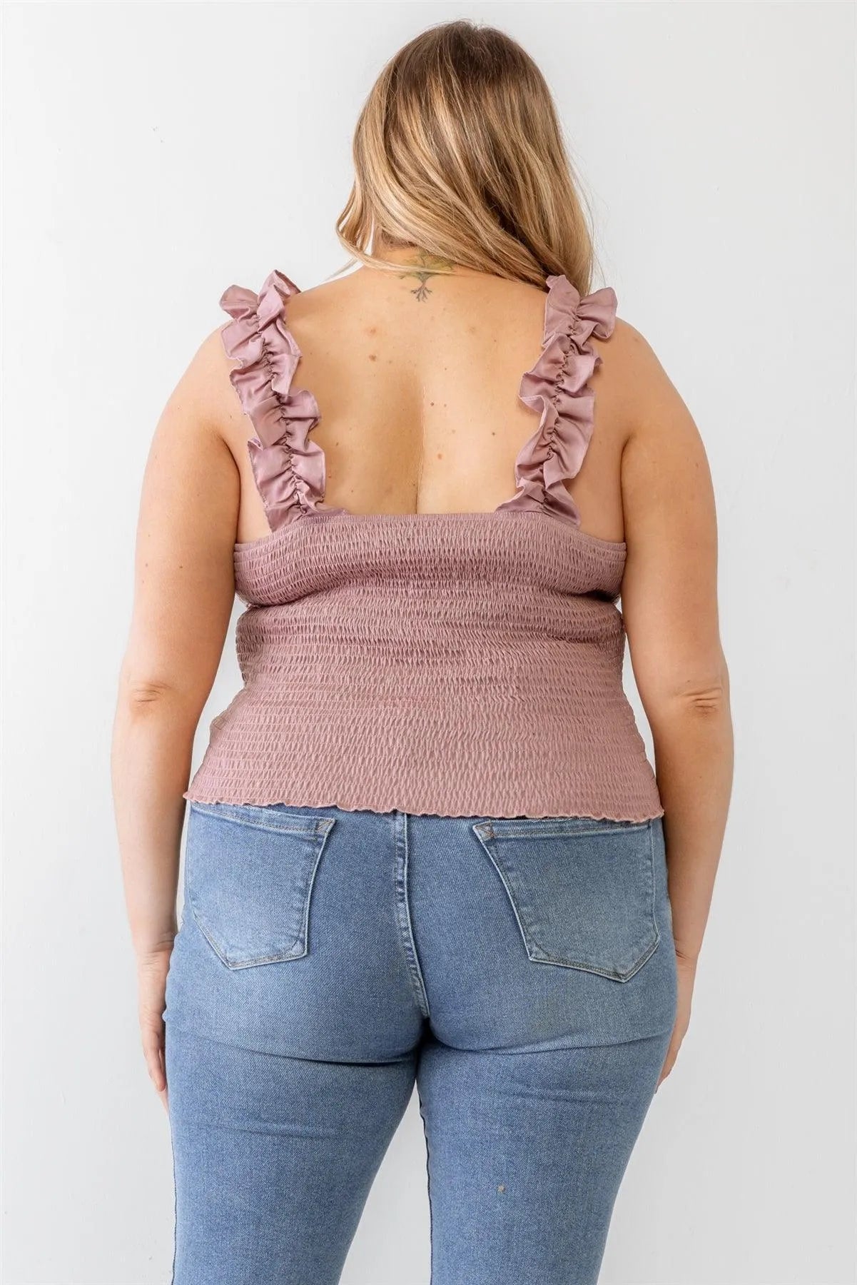 Junior Plus Mauve Ruched Button-Up Ruffle Strap Smocked Back Tank Top /2-1-1 - Tasha Apparel Wholesale