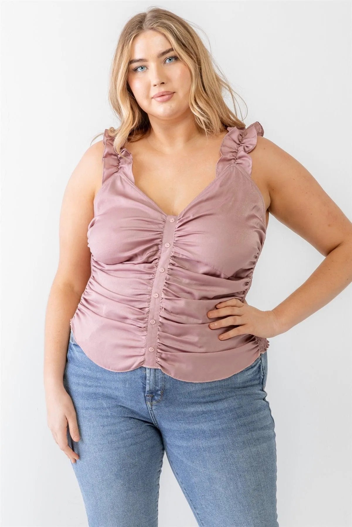 Junior Plus Mauve Ruched Button-Up Ruffle Strap Smocked Back Tank Top /2-1-1 - Tasha Apparel Wholesale