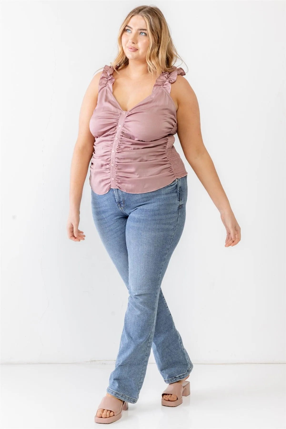 Junior Plus Mauve Ruched Button-Up Ruffle Strap Smocked Back Tank Top /2-1-1 - Tasha Apparel Wholesale