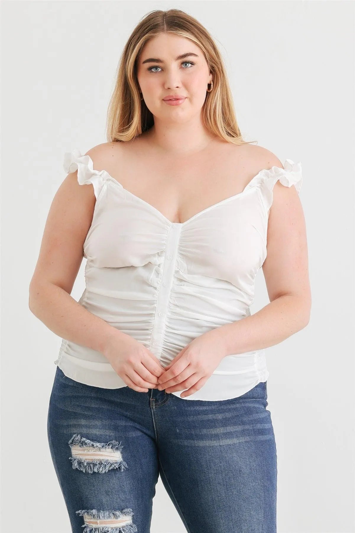 Junior Plus Off White Button-Up Ruffle Strap Smocked Back Tank Top /1-1-1 - Tasha Apparel Wholesale