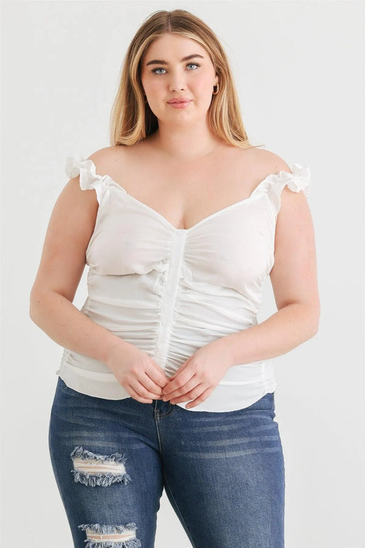 Junior Plus Off White Button-Up Ruffle Strap Smocked Back Tank Top /1-1-1 - Tasha Apparel Wholesale