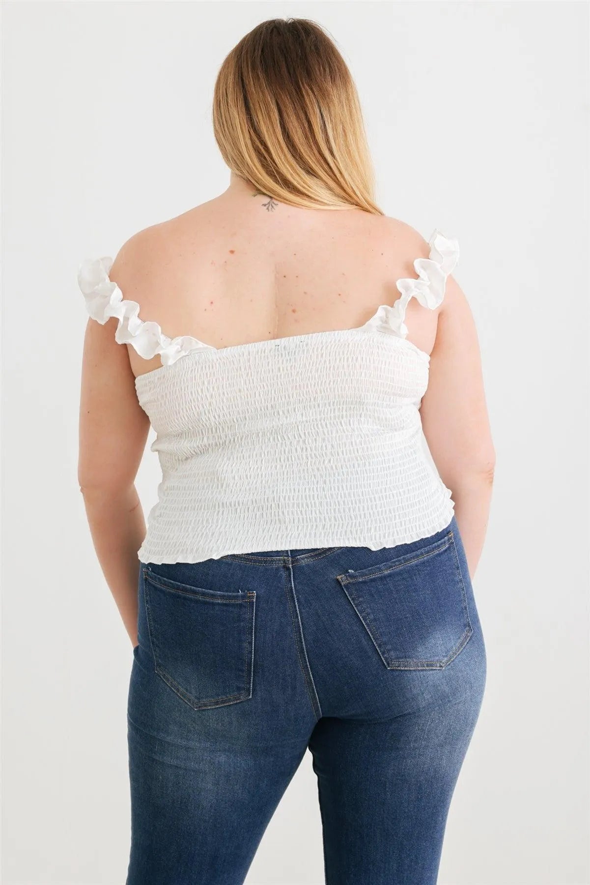 Junior Plus Off White Button-Up Ruffle Strap Smocked Back Tank Top /1-1-1 - Tasha Apparel Wholesale