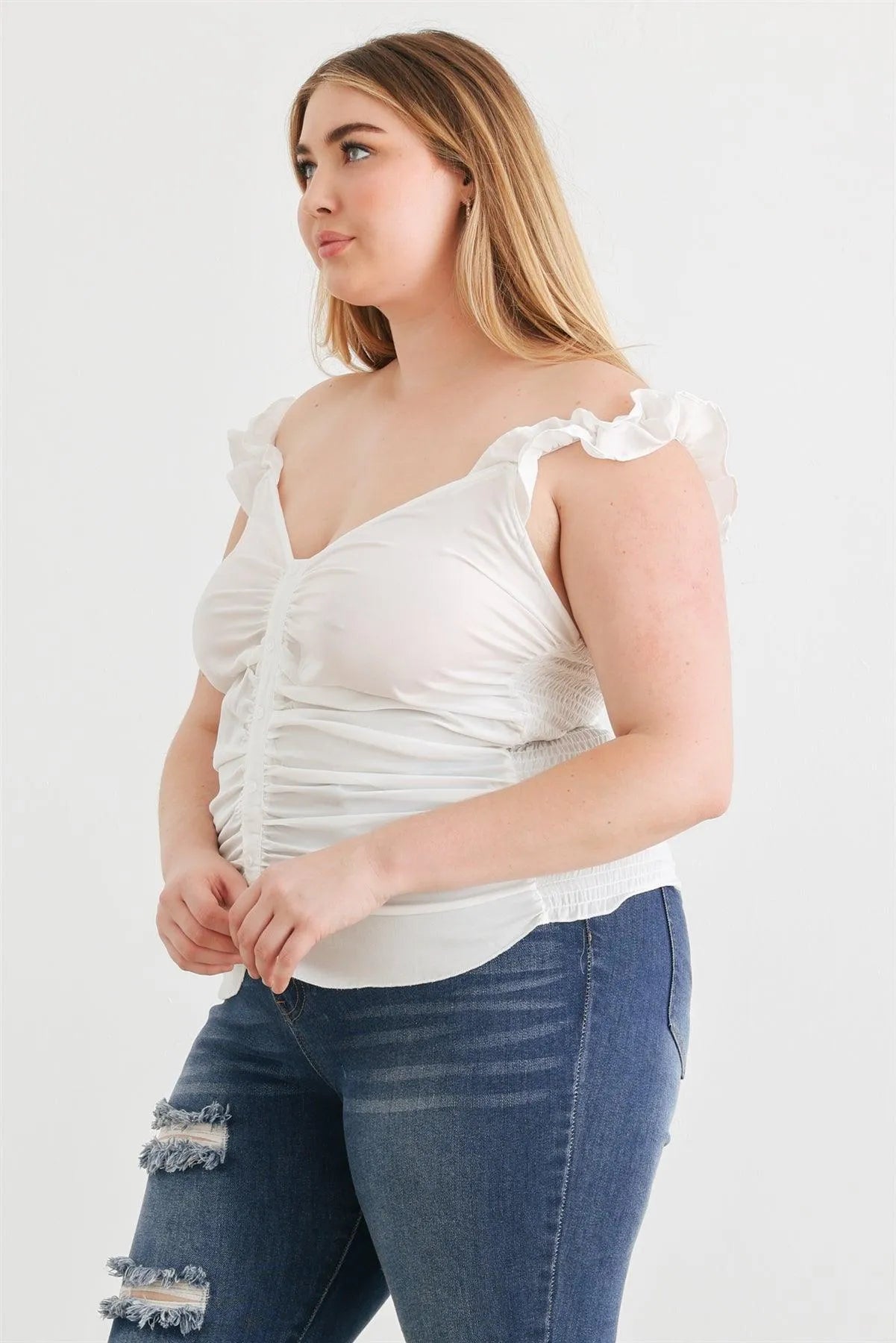 Junior Plus Off White Button-Up Ruffle Strap Smocked Back Tank Top /1-1-1 - Tasha Apparel Wholesale