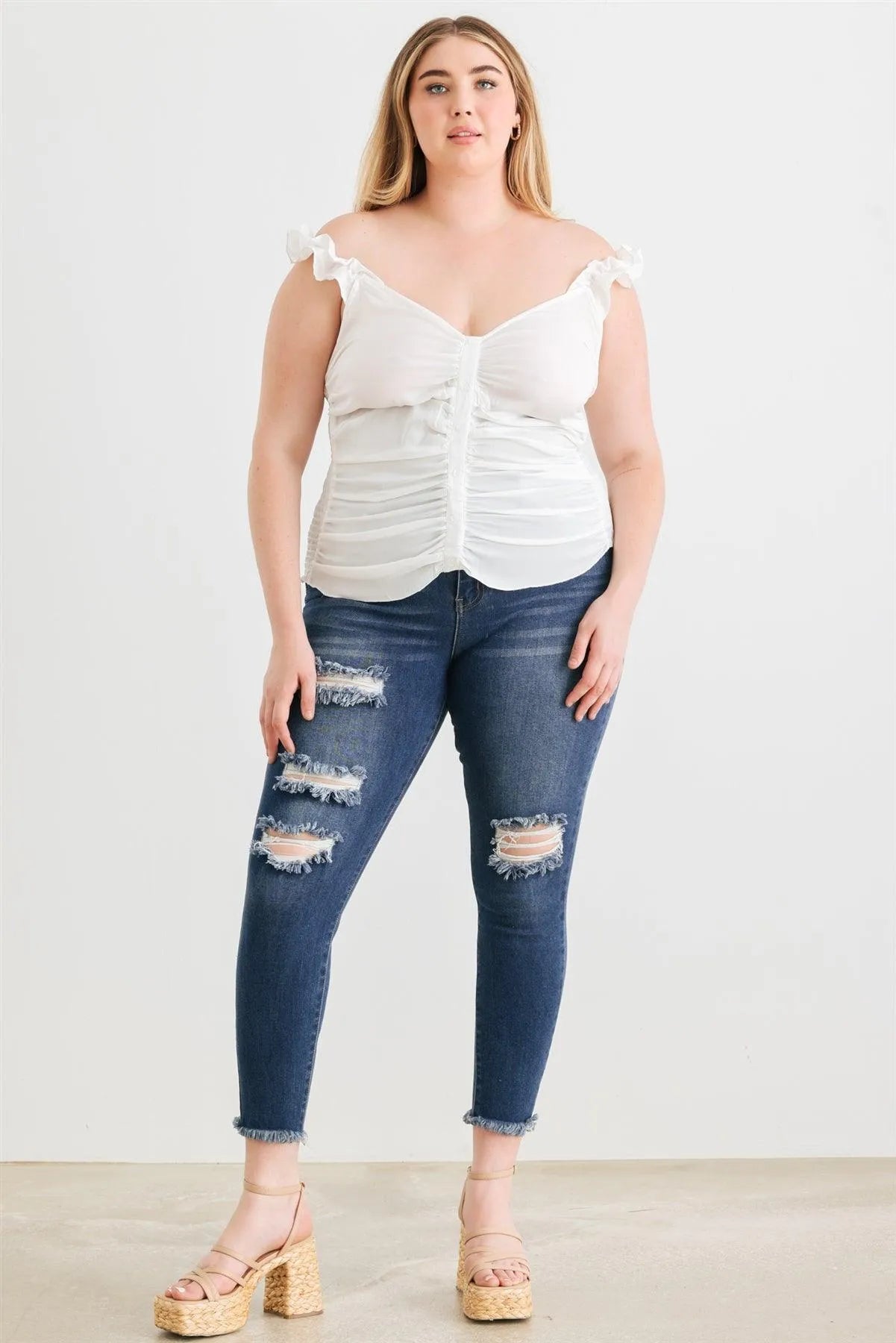 Junior Plus Off White Button-Up Ruffle Strap Smocked Back Tank Top /1-1-1 - Tasha Apparel Wholesale