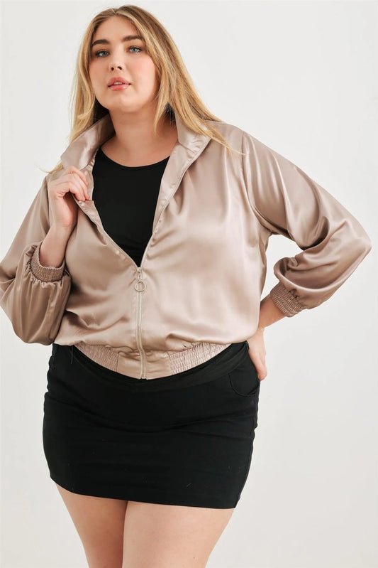 Junior Plus Champagne Satin Zip-Up Mock Neck Long Sleeve Bomber Jacket /1-1-1 - Tasha Apparel Wholesale