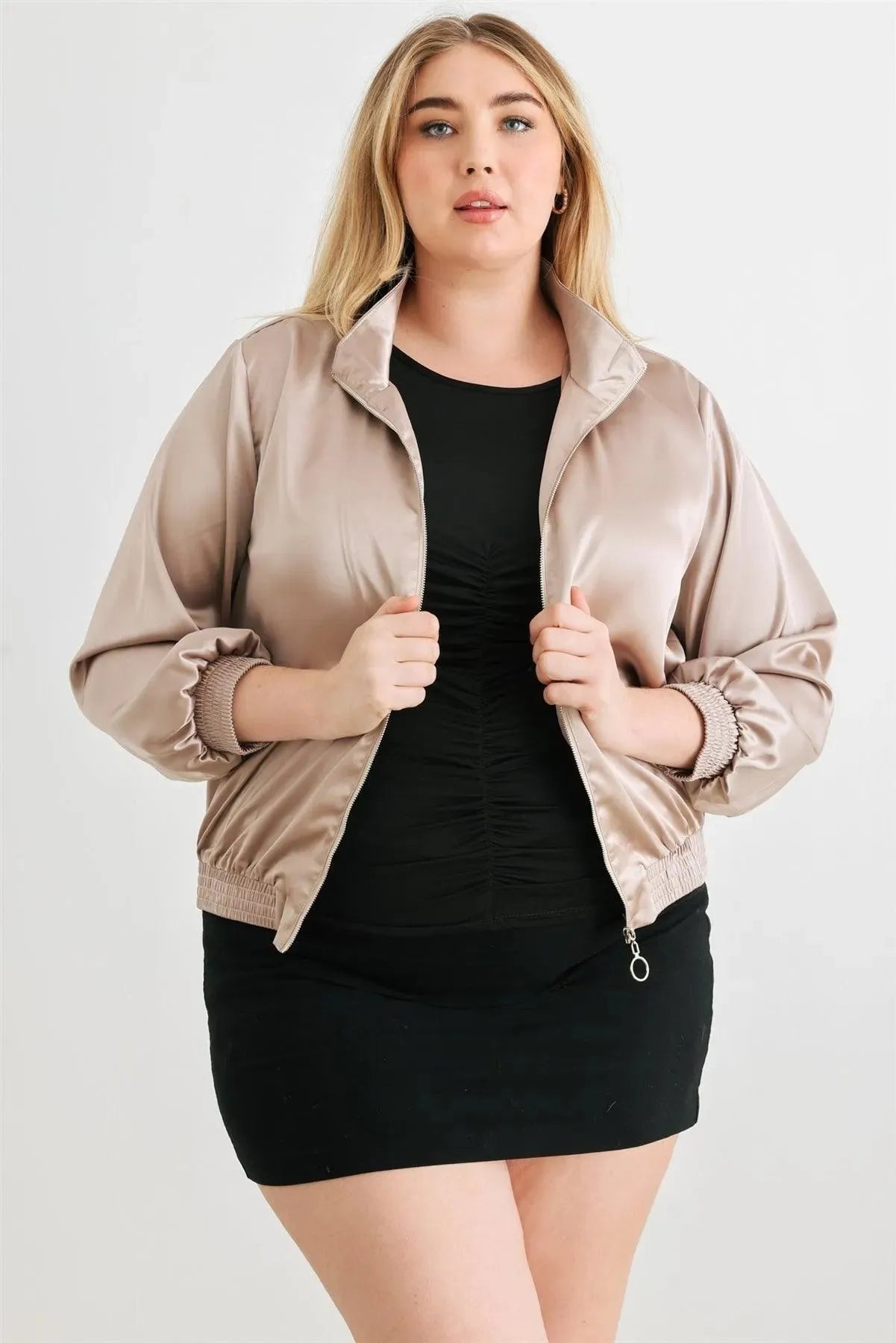 Plus Size Satin Zip-Up Mock Neck Bomber Jacket - Tasha Apparel Wholesale