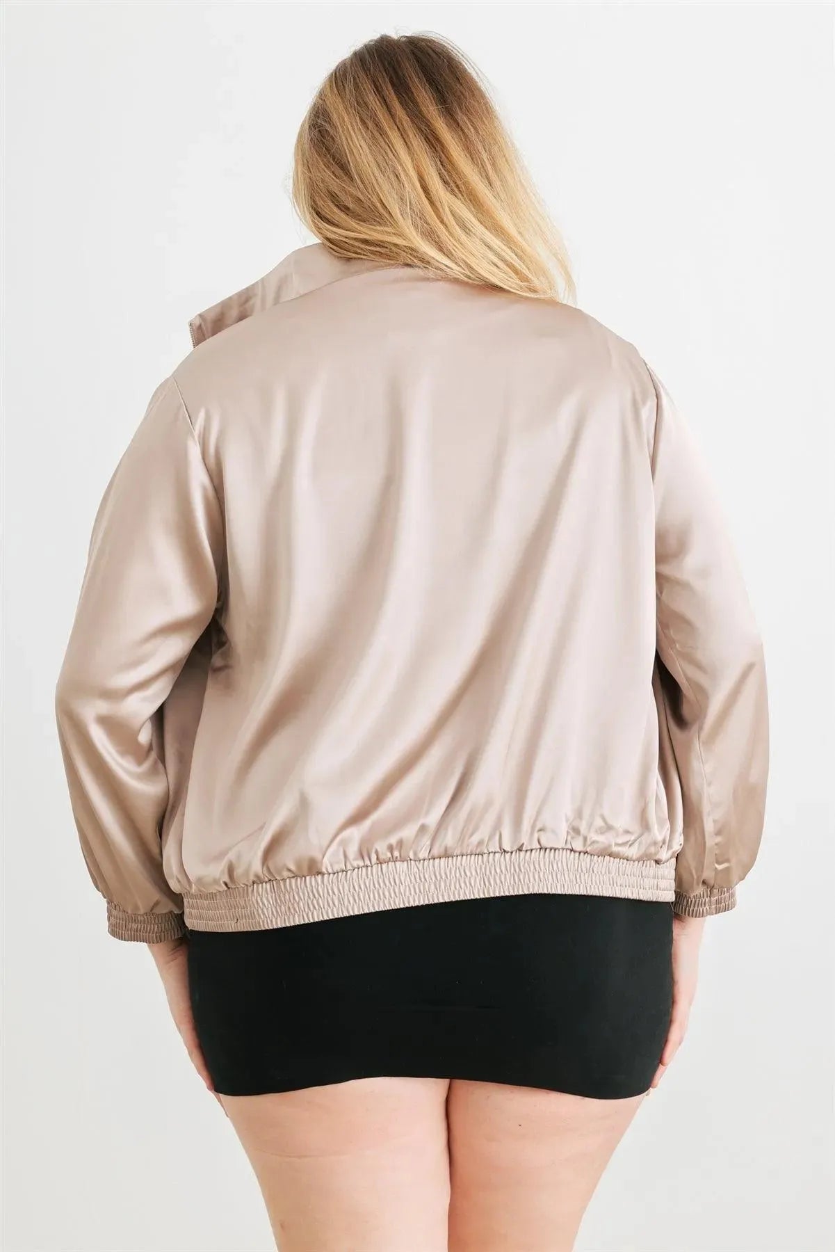 Plus Size Satin Zip-Up Mock Neck Bomber Jacket - Tasha Apparel Wholesale