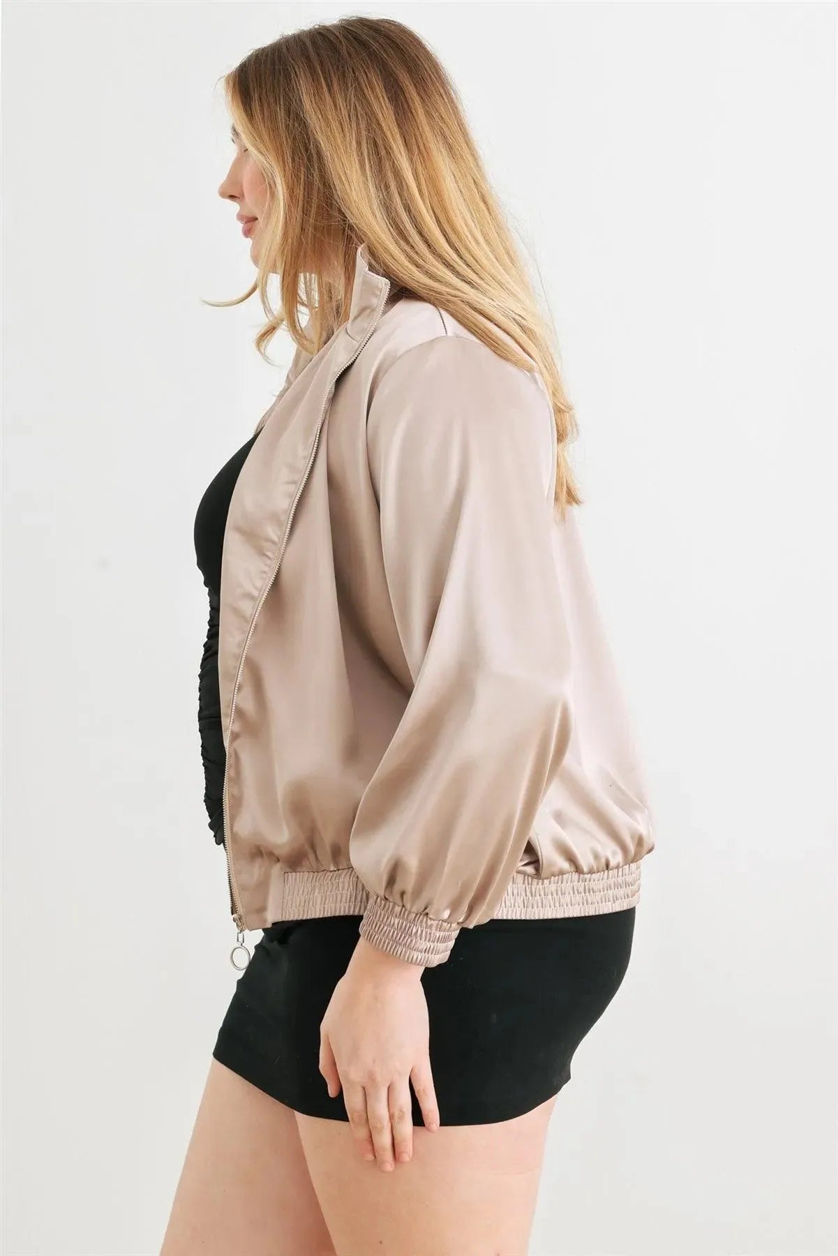 Plus Size Satin Zip-Up Mock Neck Bomber Jacket - Tasha Apparel Wholesale