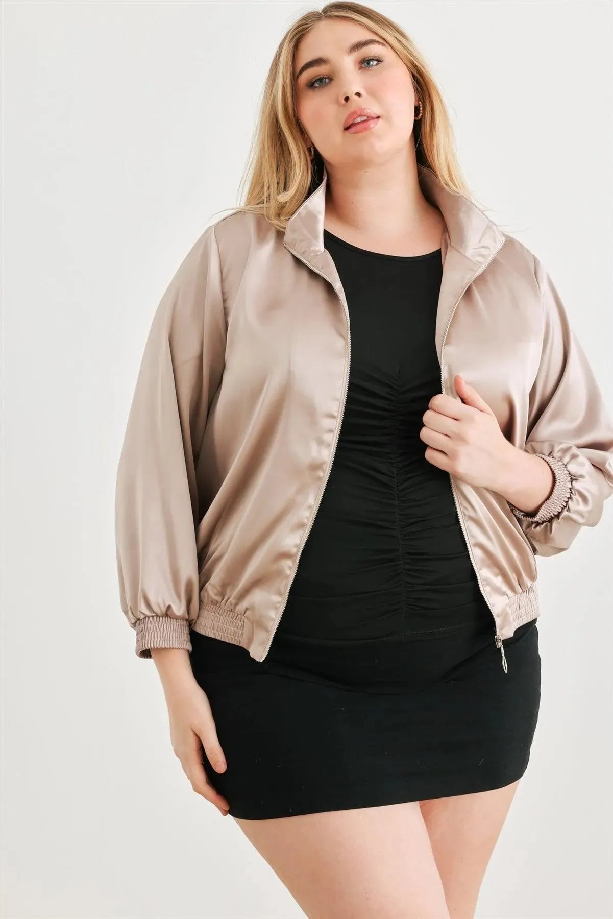 Plus Size Satin Zip-Up Mock Neck Bomber Jacket - Tasha Apparel Wholesale
