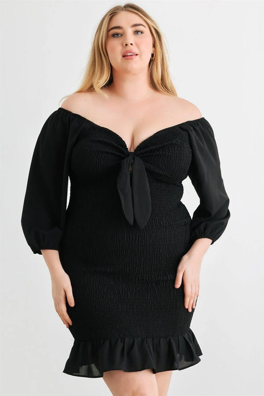 Junior Plus Black Smocked Puff Sleeve Tie Neck Detail Mini Dress /1-1-1 - Tasha Apparel Wholesale