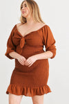 Junior Plus Brown Smocked Puff Sleeve Tie Neck Detail Mini Dress /1-1-1 - Tasha Apparel Wholesale