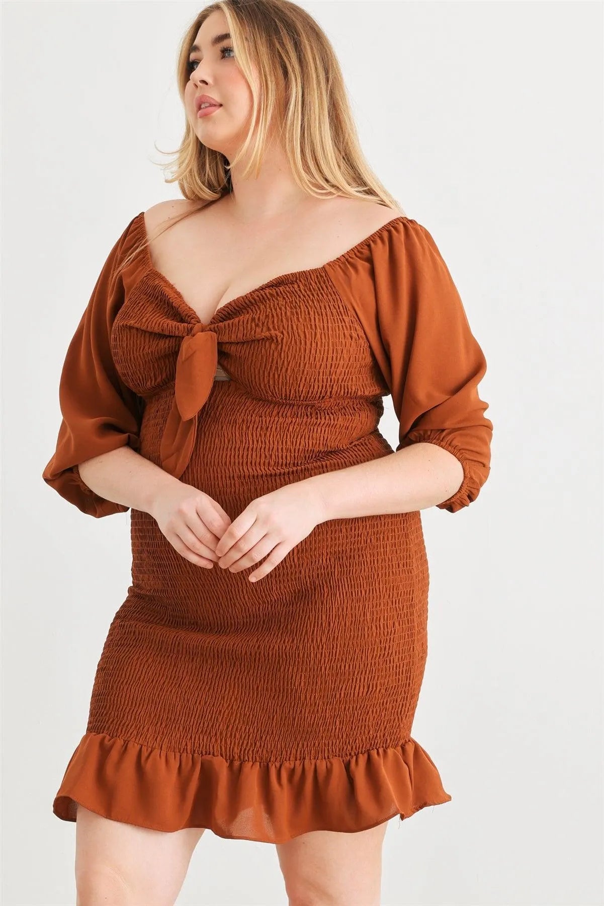 Junior Plus Brown Smocked Puff Sleeve Tie Neck Detail Mini Dress /1-1-1 - Tasha Apparel Wholesale