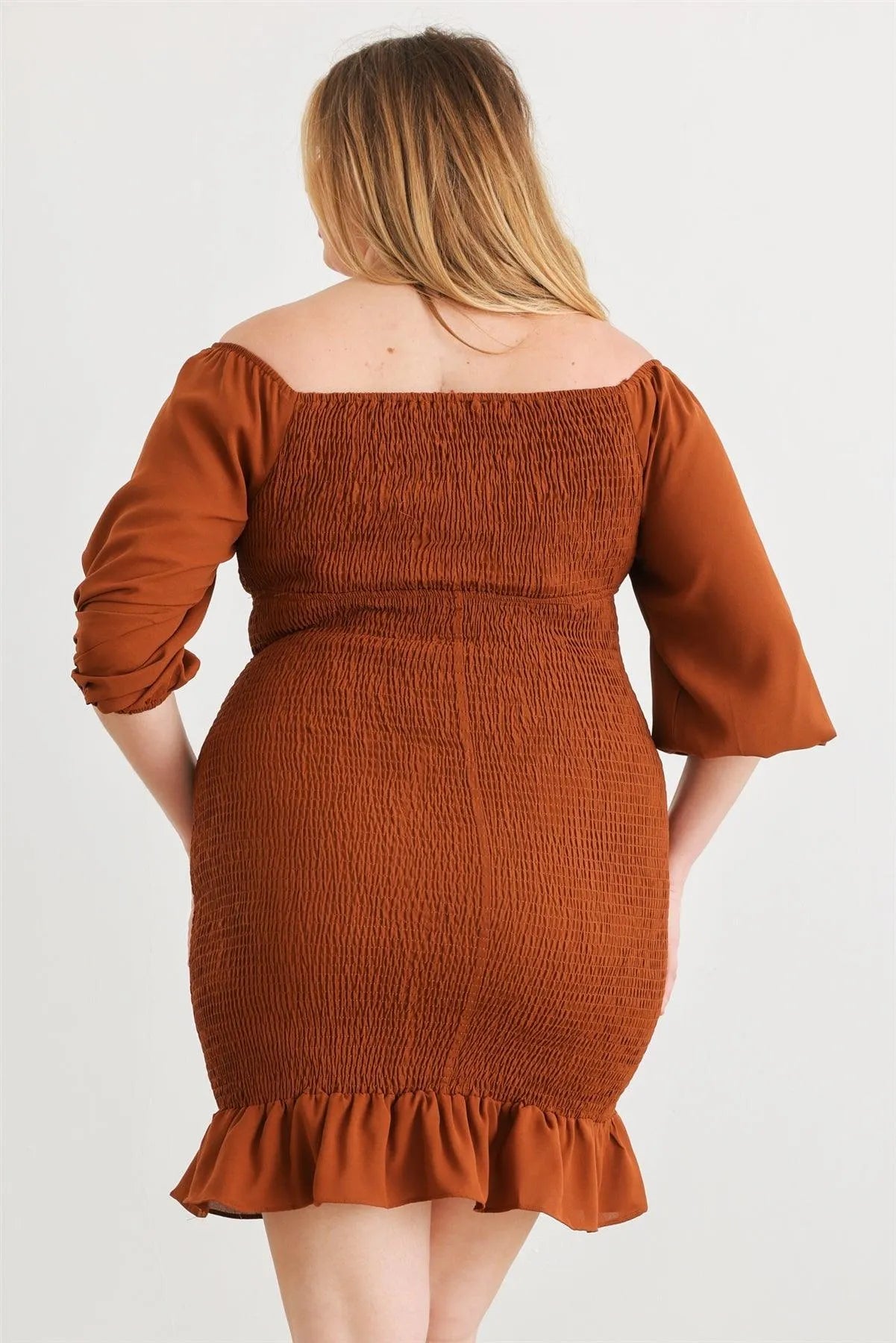 Junior Plus Brown Smocked Puff Sleeve Tie Neck Detail Mini Dress /1-1-1 - Tasha Apparel Wholesale