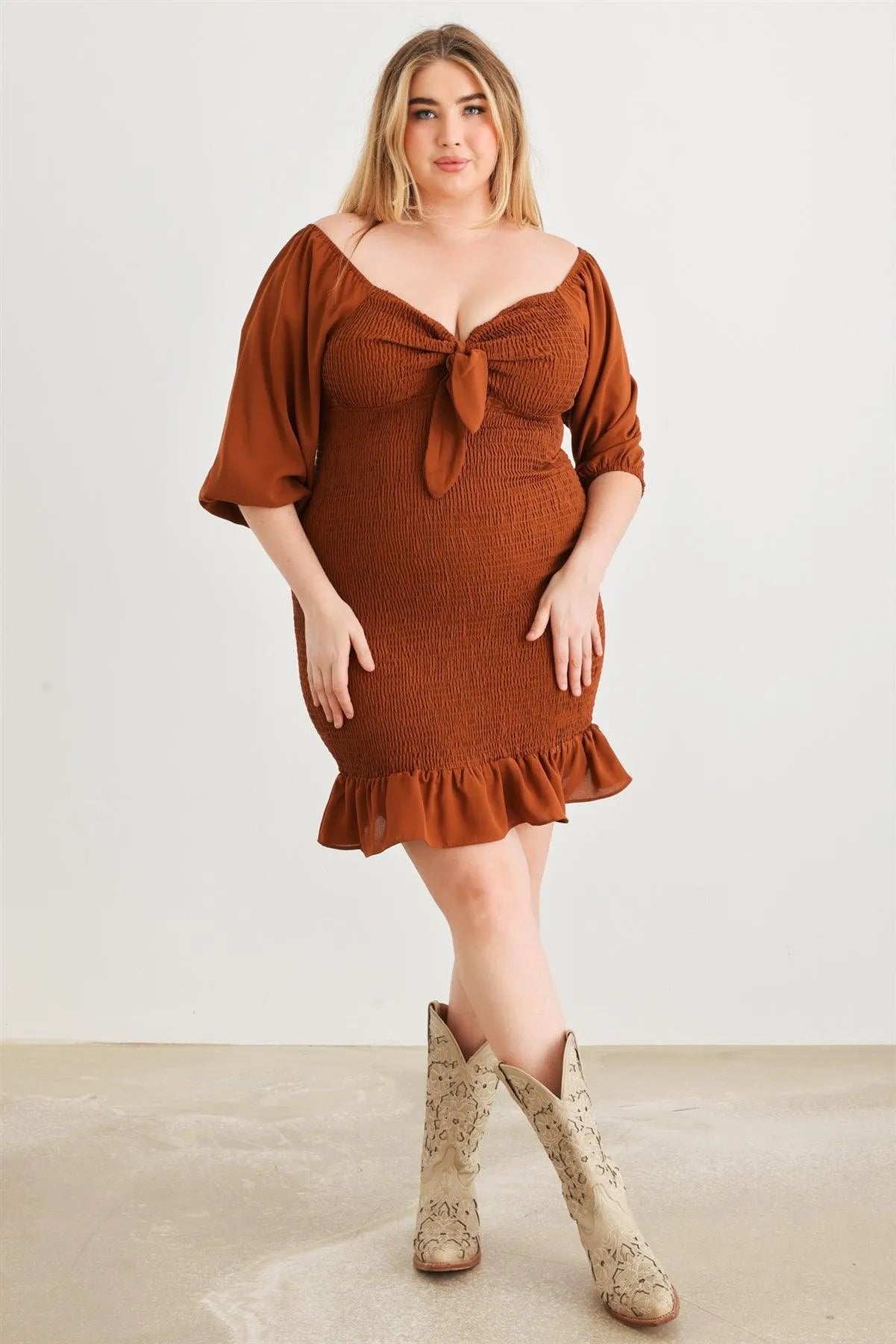 Junior Plus Brown Smocked Puff Sleeve Tie Neck Detail Mini Dress /1-1-1 - Tasha Apparel Wholesale