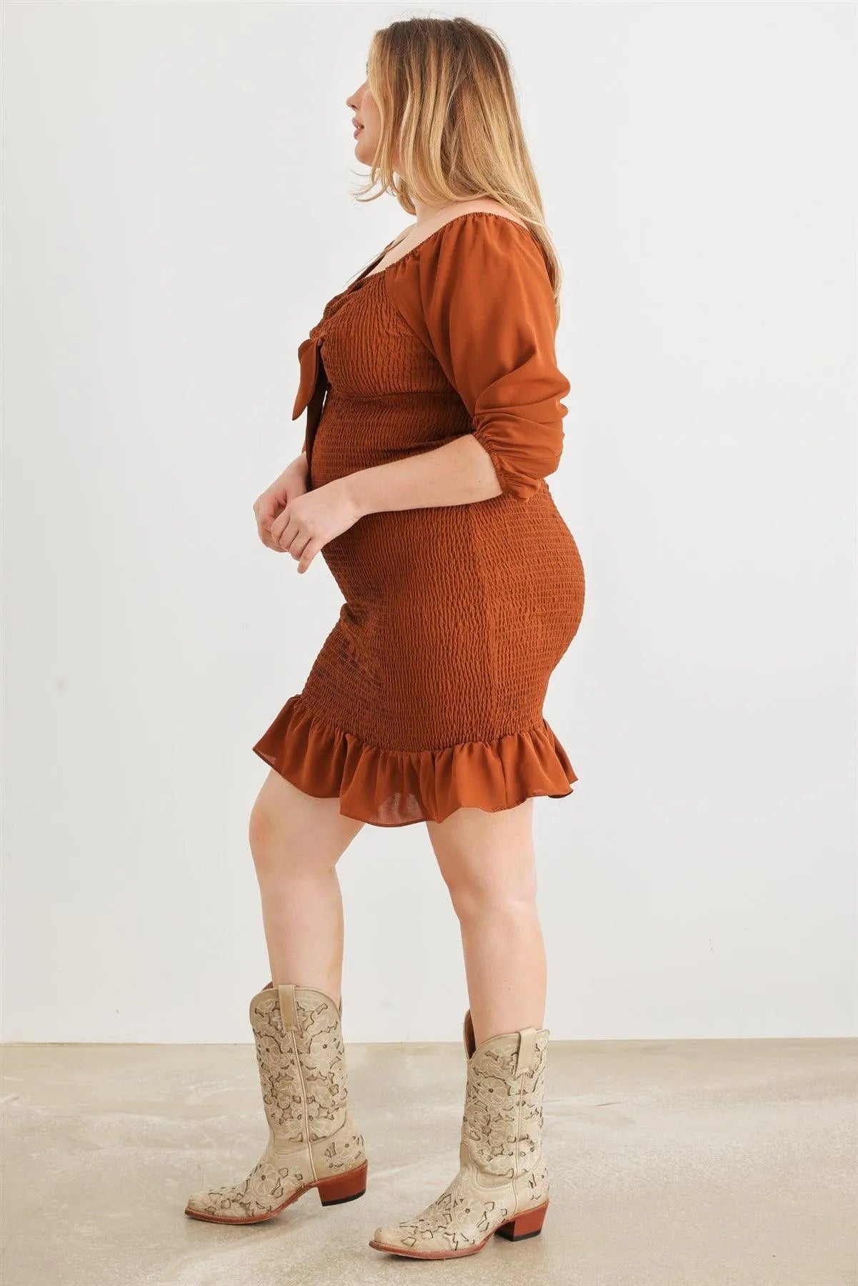 Junior Plus Brown Smocked Puff Sleeve Tie Neck Detail Mini Dress /1-1-1 - Tasha Apparel Wholesale