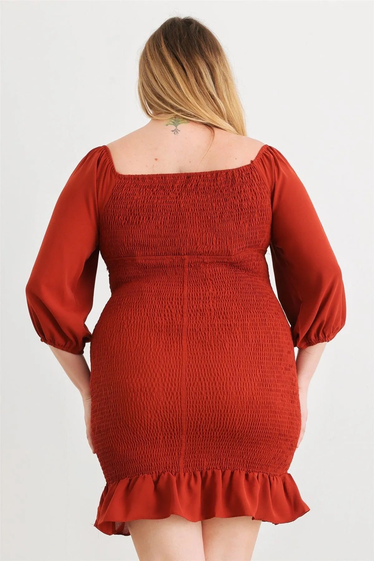 Junior Plus Rust Smocked Puff Sleeve Tie Neck Detail Mini Dress /1-1-1 - Tasha Apparel Wholesale