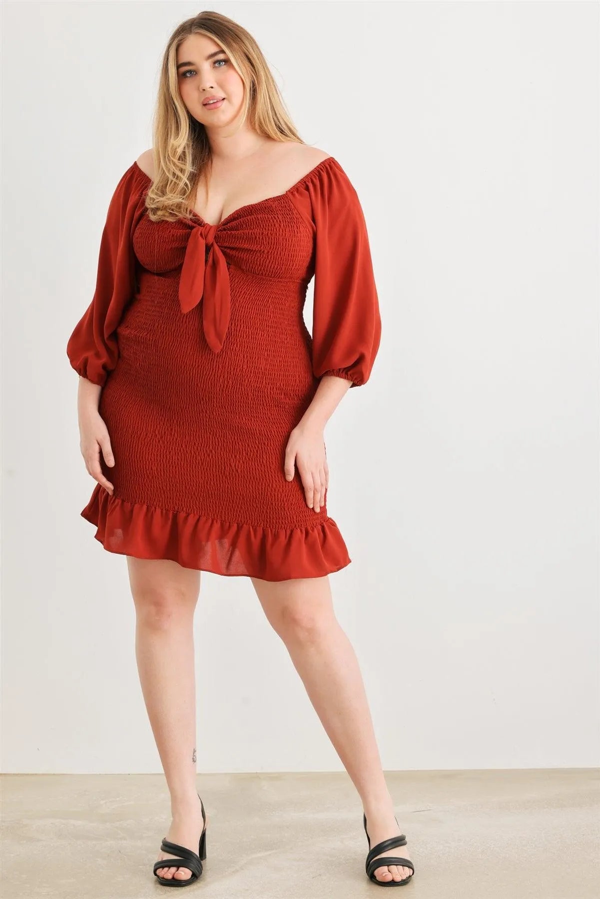 Junior Plus Rust Smocked Puff Sleeve Tie Neck Detail Mini Dress /1-1-1 - Tasha Apparel Wholesale
