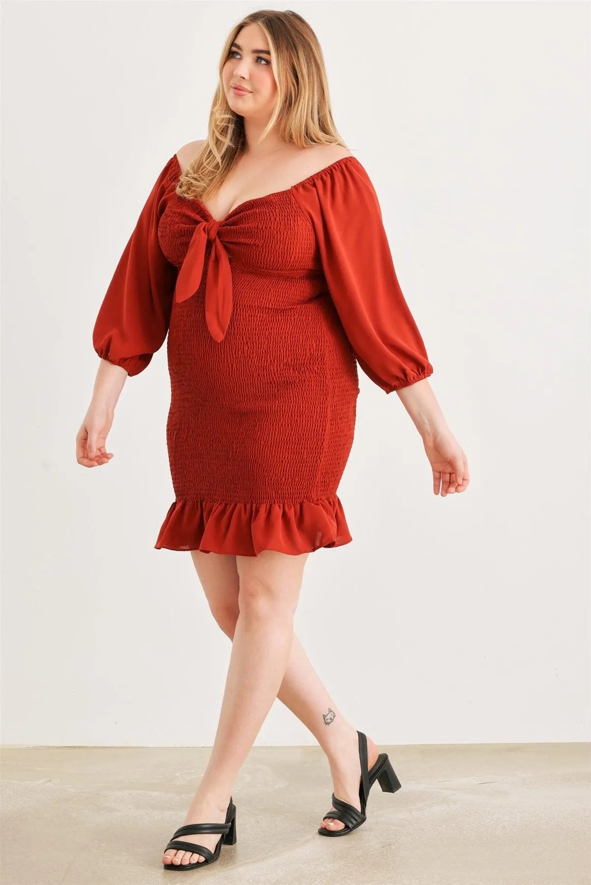 Junior Plus Rust Smocked Puff Sleeve Tie Neck Detail Mini Dress /1-1-1 - Tasha Apparel Wholesale