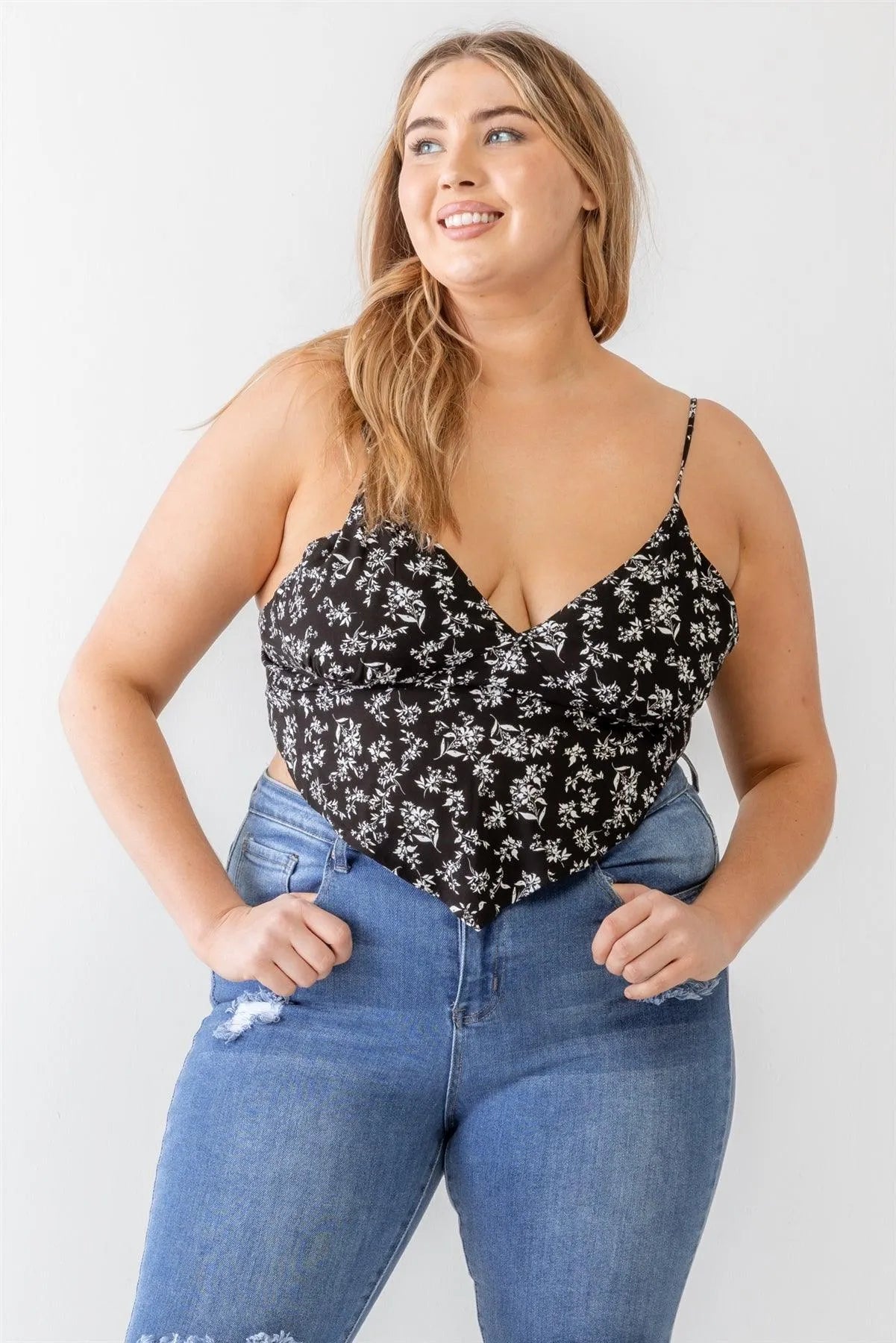 Junior Plus Black Flower Sleeveless Hanky Hem Top /1-1-1 - Tasha Apparel Wholesale