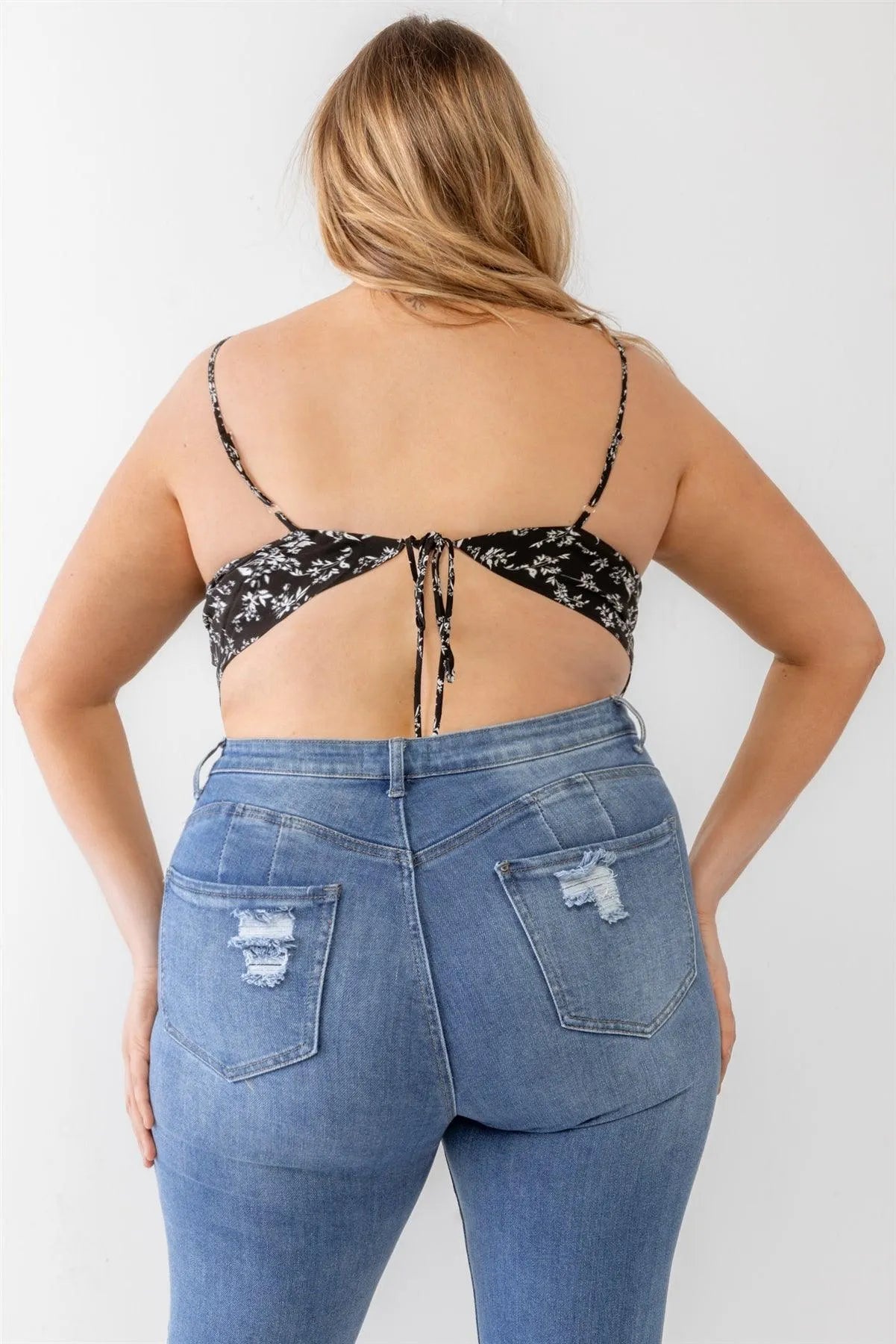 Junior Plus Black Flower Sleeveless Hanky Hem Top /1-1-1 - Tasha Apparel Wholesale