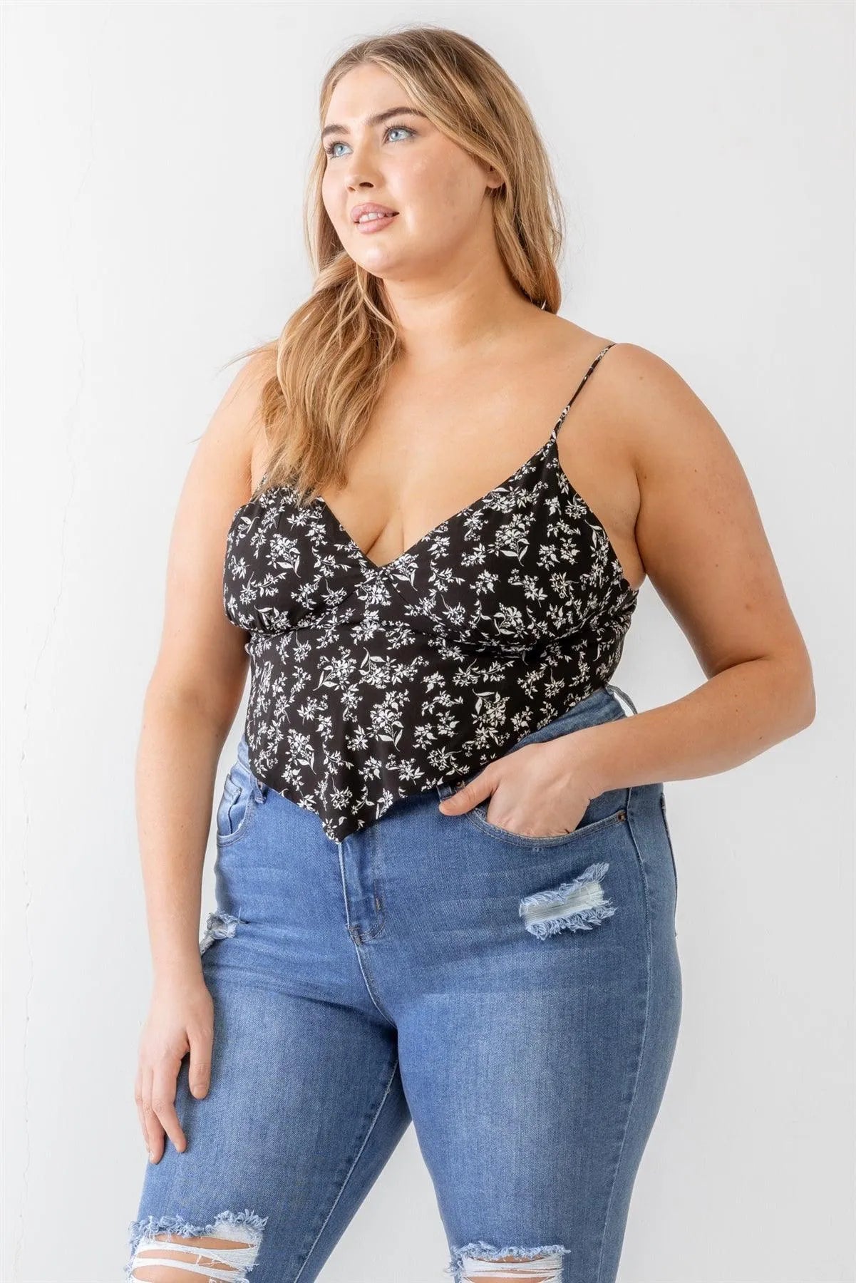 Junior Plus Black Flower Sleeveless Hanky Hem Top /1-1-1 - Tasha Apparel Wholesale