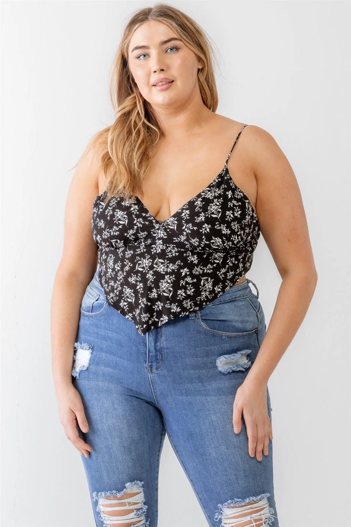 Junior Plus Black Flower Sleeveless Hanky Hem Top /1-1-1 - Tasha Apparel Wholesale