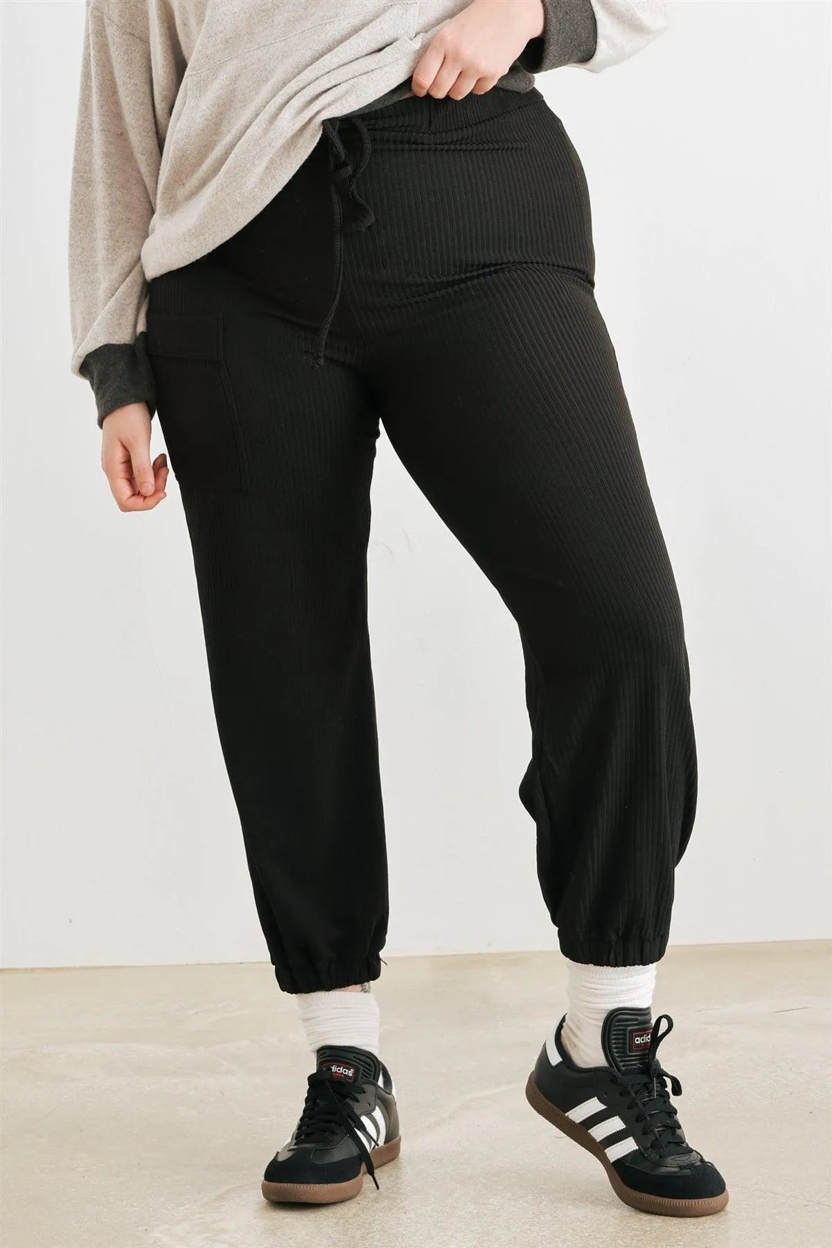Junior Plus Black Ribbed High Waist Jogger Pants /1-1-1 - Tasha Apparel Wholesale