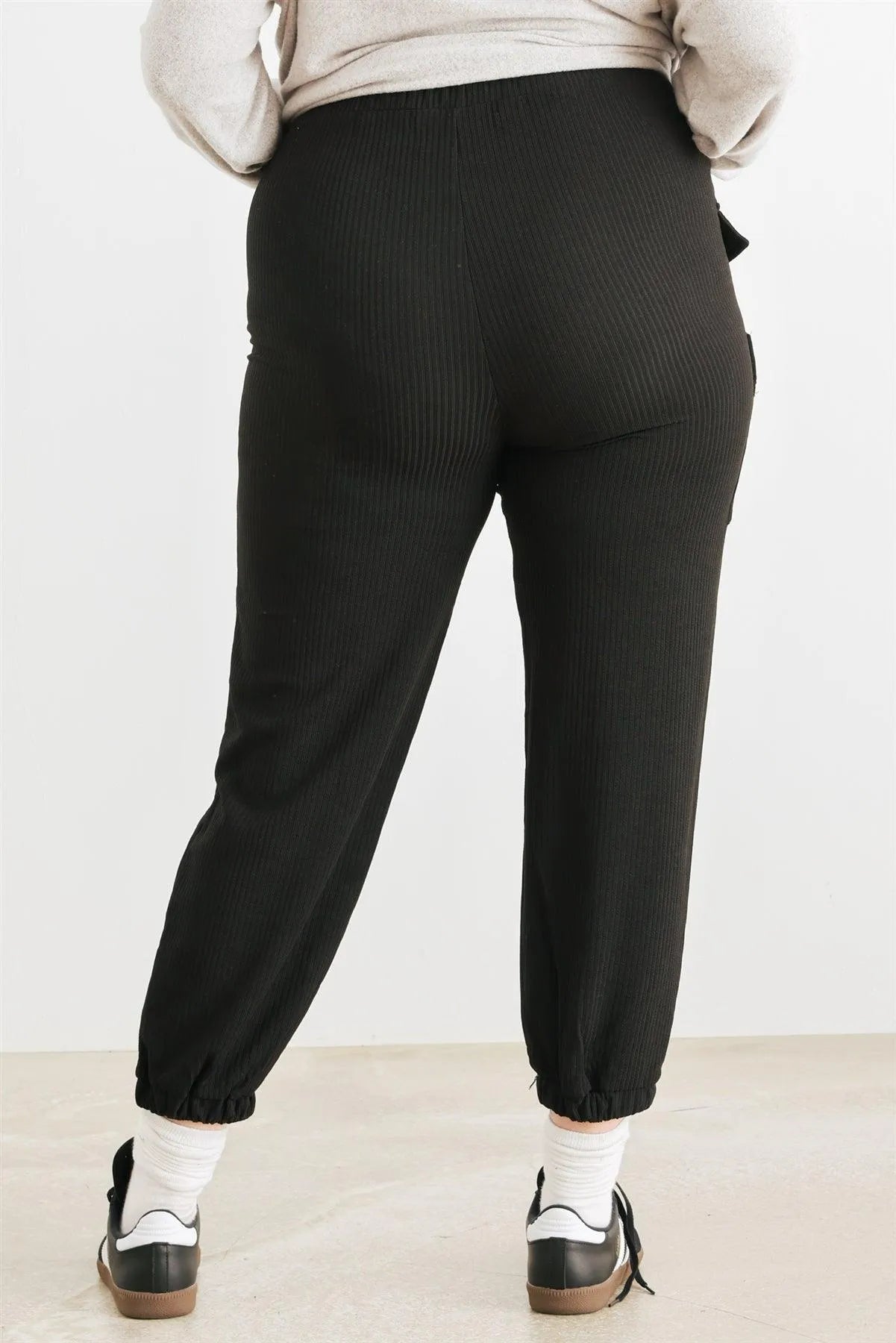 Junior Plus Black Ribbed High Waist Jogger Pants /1-1-1 - Tasha Apparel Wholesale