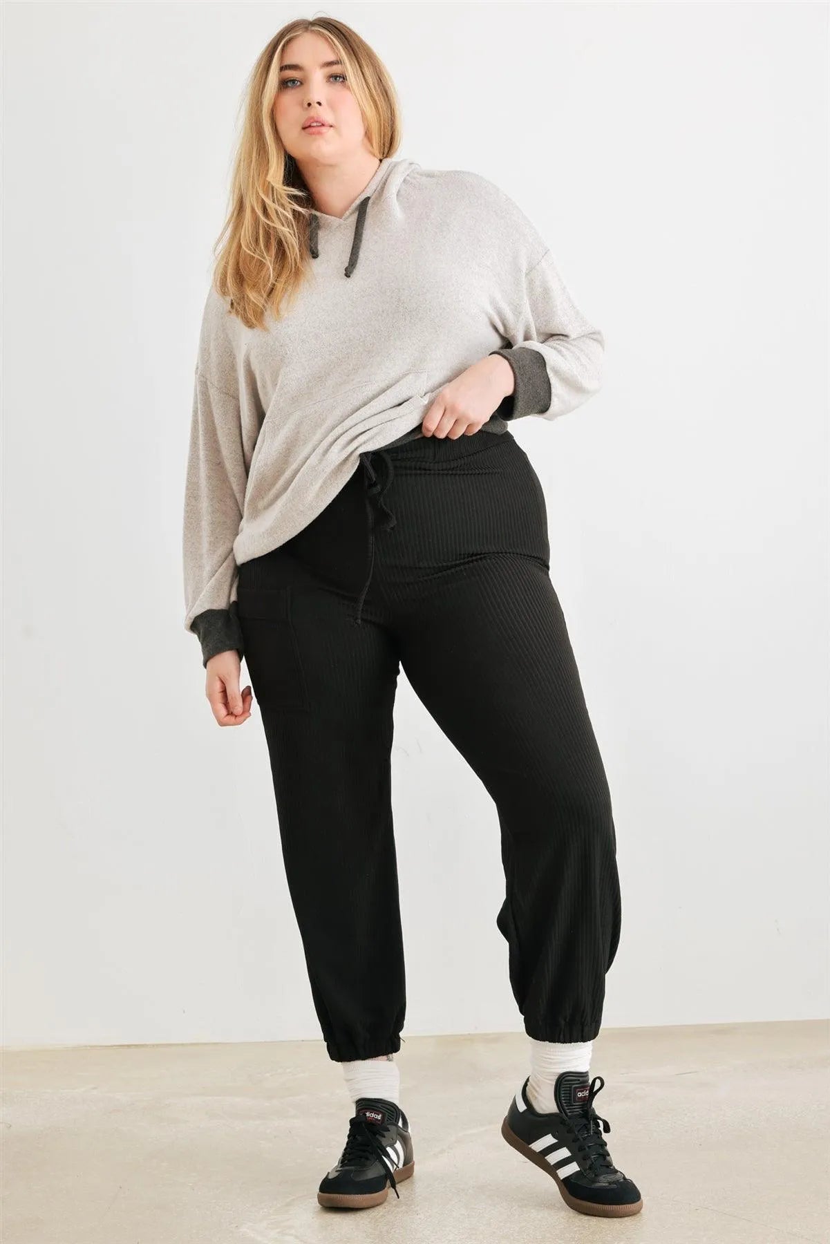 Junior Plus Black Ribbed High Waist Jogger Pants /1-1-1 - Tasha Apparel Wholesale